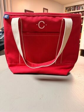 Lands End Medium with regular handles red canvas tote, with zip top